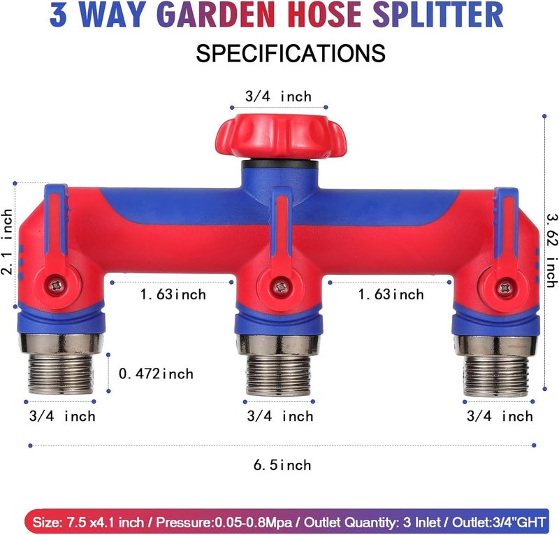 ATAOSGR 3 way Hose Splitter，Garden Hose Connector and Outdoor Faucet Splitter,with Shutoff Valves Hoses Adapter -T Water Spigot Splitter Water Pipe Connector，3/4" GHT Thread For Home Outdoor Garden（red blue） - Image 2